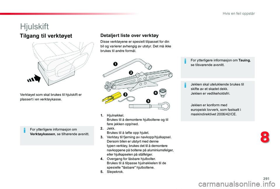 TOYOTA PROACE VERSO 2019  Instruksjoner for bruk (in Norwegian) 291
ProAce_verso_NO_Chap08_En-cas-de-panne_ed01-2019
Hjulskift
Verktøyet som skal brukes til hjulskift er plassert i en verktøykasse.
Tilgang til verktøyet
1. Hjulnøkkel. Brukes til å demontere h