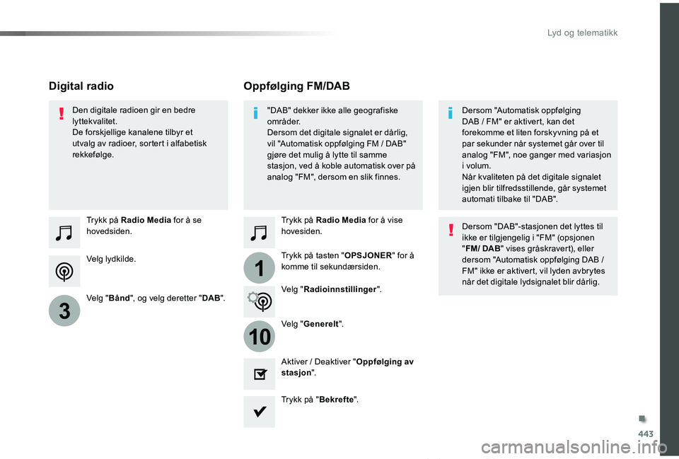 TOYOTA PROACE VERSO 2019  Instruksjoner for bruk (in Norwegian) 443
1
10
3
ProAce_verso_NO_Chap10c_RCC-1_ed01-2019
Velg lydkilde.
Trykk på Radio Media for å se hovedsiden.
Velg "Bånd", og velg deretter "DAB".
Trykk på Radio Media for å vise ho
