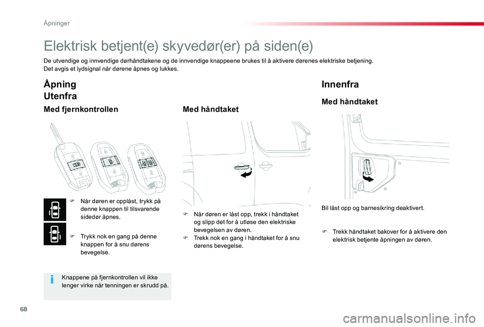 TOYOTA PROACE VERSO 2019  Instruksjoner for bruk (in Norwegian) 68
ProAce_verso_NO_Chap02_ouvertures_ed01-2019
Elektrisk betjent(e) skyvedør(er) på siden(e)
De utvendige og innvendige dørhåndtakene og de innvendige knappeene brukes til å aktivere dørenes ele