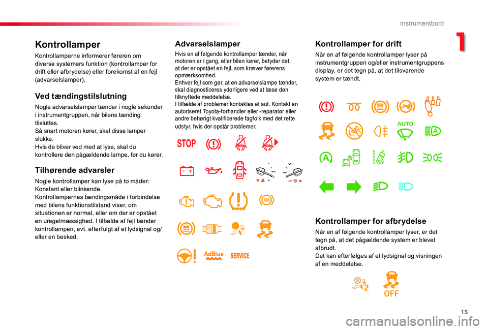 TOYOTA PROACE VERSO 2019 Brugsanvisning (in Danish) 15
ProaceVerso_da_Chap01_instruments-de-bord_ed01-2019
Kontrollamper
Kontrollamperne informerer føreren om diverse systemers funktion (kontrollamper for drift eller afbrydelse) eller forekomst af en TOYOTA PROACE VERSO 2019 Brugsanvisning (in Danish) 15
ProaceVerso_da_Chap01_instruments-de-bord_ed01-2019
Kontrollamper
Kontrollamperne informerer føreren om diverse systemers funktion (kontrollamper for drift eller afbrydelse) eller forekomst af en