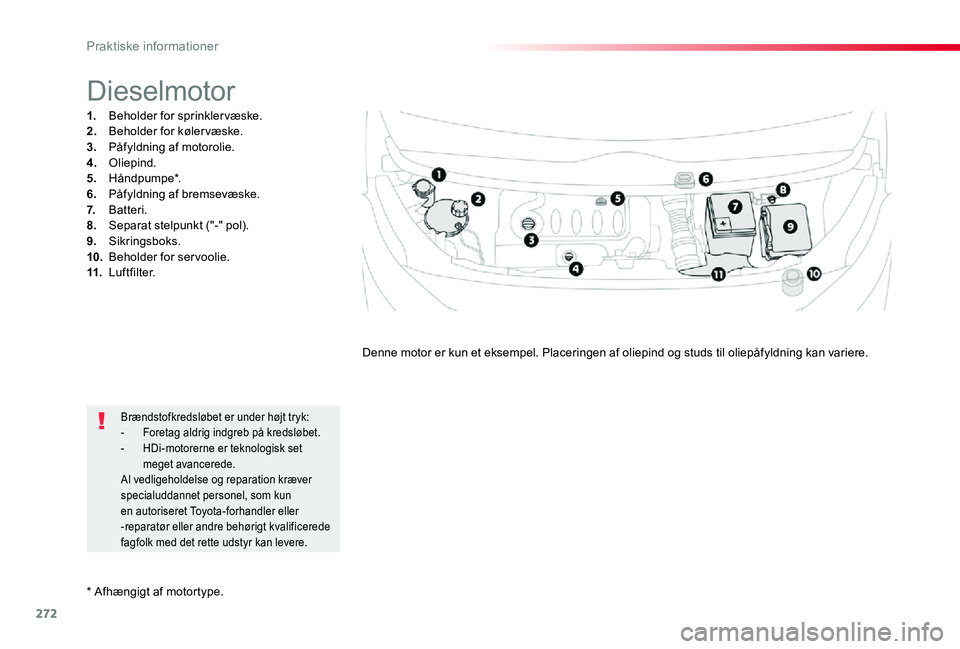 TOYOTA PROACE VERSO 2019  Brugsanvisning (in Danish) 272
* Afhængigt af motortype.
Dieselmotor
1. Beholder for sprinklervæske.2. Beholder for kølervæske.3.  Påfyldning af motorolie.4. Oliepind.5. Håndpumpe*.6.  Påfyldning af bremsevæske.7. Batte