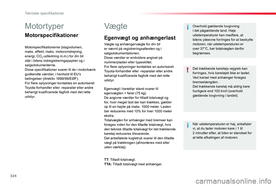 TOYOTA PROACE VERSO 2019 Brugsanvisning (in Danish) 324
ProaceVerso_da_Chap09_caracteristiques-techniques_ed01-2019
Motortyper
Motorspecifikationer
Motorspecifikationerne (slagvolumen, maks. effekt, maks. motoromdrejning, energi, CO2-udledning m.m.) fo TOYOTA PROACE VERSO 2019 Brugsanvisning (in Danish) 324
ProaceVerso_da_Chap09_caracteristiques-techniques_ed01-2019
Motortyper
Motorspecifikationer
Motorspecifikationerne (slagvolumen, maks. effekt, maks. motoromdrejning, energi, CO2-udledning m.m.) fo