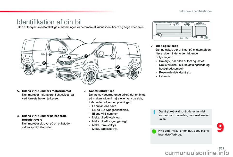 TOYOTA PROACE VERSO 2019 Brugsanvisning (in Danish) 327
ProaceVerso_da_Chap09_caracteristiques-techniques_ed01-2019
Identifikation af din bilBilen er forsynet med forskellige afmærkninger for nemmere at kunne identificere og søge efter bilen.
A. Bile TOYOTA PROACE VERSO 2019 Brugsanvisning (in Danish) 327
ProaceVerso_da_Chap09_caracteristiques-techniques_ed01-2019
Identifikation af din bilBilen er forsynet med forskellige afmærkninger for nemmere at kunne identificere og søge efter bilen.
A. Bile