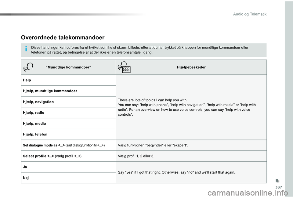 TOYOTA PROACE VERSO 2019  Brugsanvisning (in Danish) 337
ProaceVerso_da_Chap10b_NAC-1_ed01-2019
Overordnede talekommandoer
Disse handlinger kan udføres fra et hvilket som helst skærmbillede, efter at du har trykket på knappen for mundtlige kommandoer