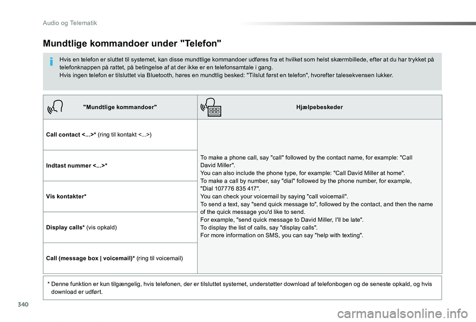 TOYOTA PROACE VERSO 2019 Brugsanvisning (in Danish) 340
ProaceVerso_da_Chap10b_NAC-1_ed01-2019
"Mundtlige kommandoer"Hjælpebeskeder
Call contact <...>* (ring til kontakt <...>)
To make a phone call, say "call" followed by the contact n TOYOTA PROACE VERSO 2019 Brugsanvisning (in Danish) 340
ProaceVerso_da_Chap10b_NAC-1_ed01-2019
"Mundtlige kommandoer"Hjælpebeskeder
Call contact <...>* (ring til kontakt <...>)
To make a phone call, say "call" followed by the contact n
