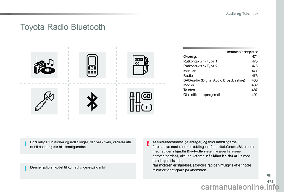 TOYOTA PROACE VERSO 2019  Brugsanvisning (in Danish) 473
ProaceVerso_da_Chap10d_RD6_ed01-2019
Toyota Radio Bluetooth
IndholdsfortegnelseO v e r s i g t 474
Ratkontakter - Type 1  475
Ratkontakter - Type 2 476
Menuer 477
Radio  478
DAB-radio (Digital Aud