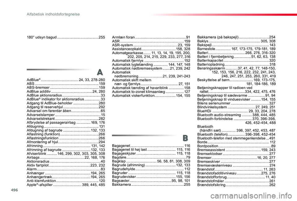 TOYOTA PROACE VERSO 2019 Brugsanvisning (in Danish) 496
ProaceVerso_da_Chap11_index-alpha_ed01-2019
180° udsyn bagud .........................................255
AdBlue® .....................................24, 33, 278-280ABS ........................ TOYOTA PROACE VERSO 2019 Brugsanvisning (in Danish) 496
ProaceVerso_da_Chap11_index-alpha_ed01-2019
180° udsyn bagud .........................................255
AdBlue® .....................................24, 33, 278-280ABS ........................