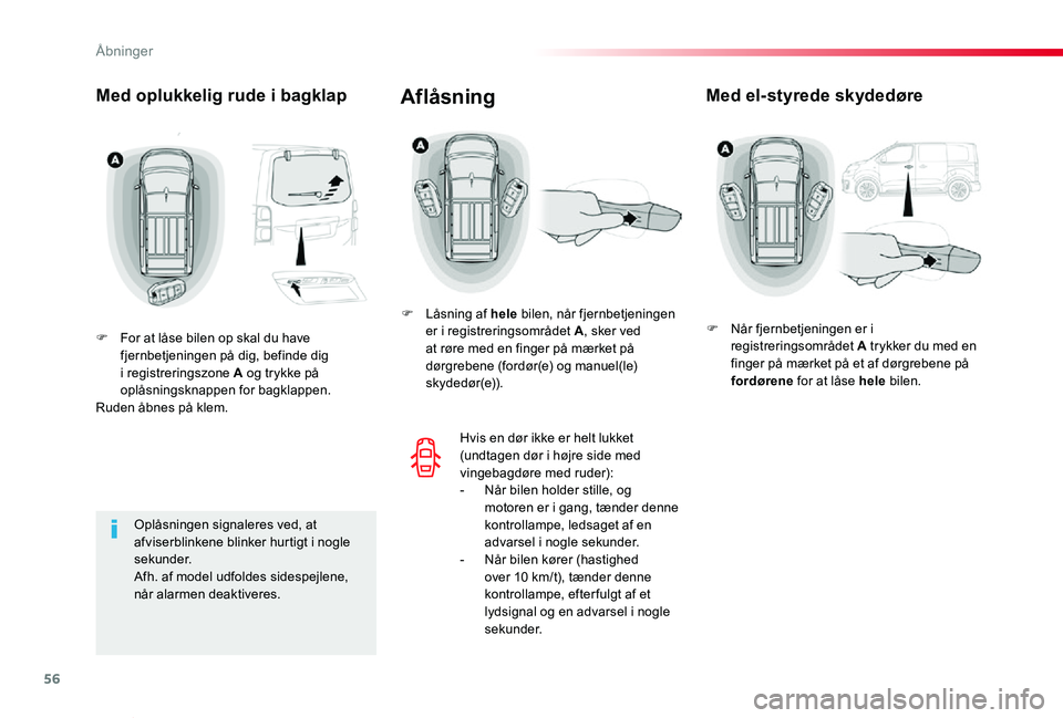 TOYOTA PROACE VERSO 2019 Brugsanvisning (in Danish) 56
ProaceVerso_da_Chap02_ouvertures_ed01-2019
Med oplukkelig rude i bagklap
F For at låse bilen op skal du have fjernbetjeningen på dig, befinde dig i registreringszone A og trykke på oplåsningskn TOYOTA PROACE VERSO 2019 Brugsanvisning (in Danish) 56
ProaceVerso_da_Chap02_ouvertures_ed01-2019
Med oplukkelig rude i bagklap
F For at låse bilen op skal du have fjernbetjeningen på dig, befinde dig i registreringszone A og trykke på oplåsningskn