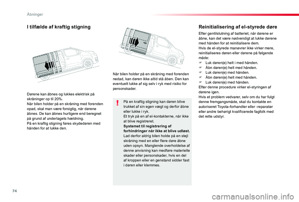 TOYOTA PROACE VERSO 2019 Brugsanvisning (in Danish) 74
ProaceVerso_da_Chap02_ouvertures_ed01-2019
På en kraftig stigning kan døren blive trukket af sin egen vægt og der for åbne eller lukke i ryk.Et tryk på en af el-kontakterne, når ikke at blive TOYOTA PROACE VERSO 2019 Brugsanvisning (in Danish) 74
ProaceVerso_da_Chap02_ouvertures_ed01-2019
På en kraftig stigning kan døren blive trukket af sin egen vægt og der for åbne eller lukke i ryk.Et tryk på en af el-kontakterne, når ikke at blive