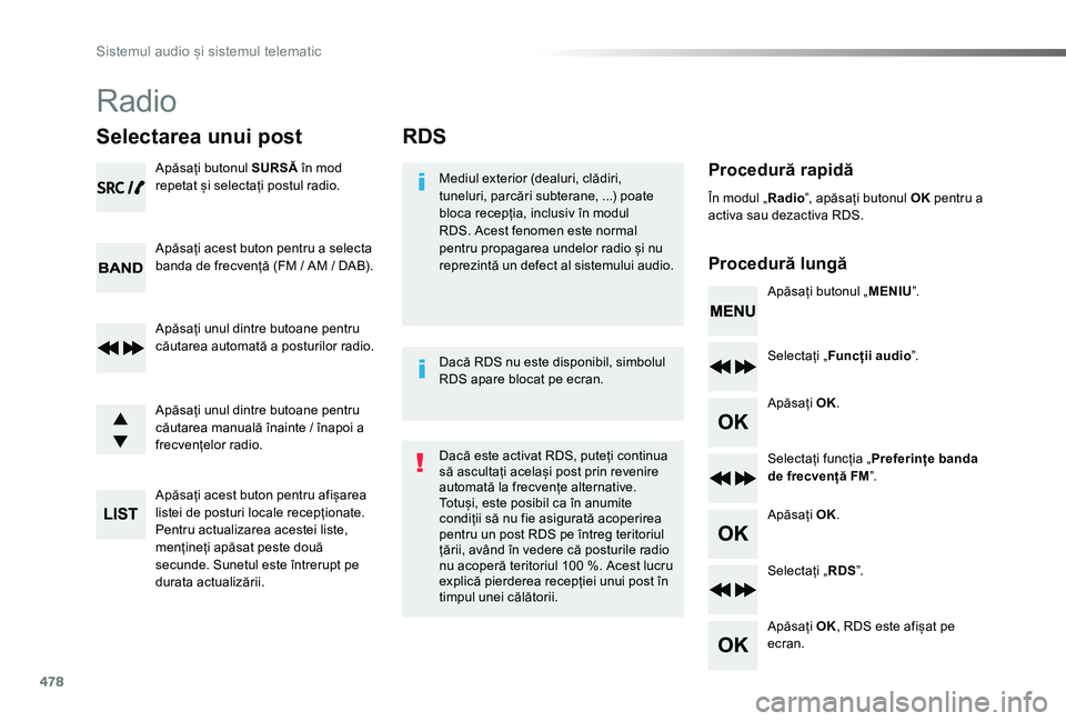 TOYOTA PROACE VERSO 2019 Manual de utilizare (in Romanian) 478
RDS
Procedură rapidă
Procedură lungă
Mediul exterior (dealuri, clădiri, tuneluri, parcări subterane, ...) poate bloca recepția, inclusiv în modul RDS. Acest fenomen este normal pentru prop TOYOTA PROACE VERSO 2019 Manual de utilizare (in Romanian) 478
RDS
Procedură rapidă
Procedură lungă
Mediul exterior (dealuri, clădiri, tuneluri, parcări subterane, ...) poate bloca recepția, inclusiv în modul RDS. Acest fenomen este normal pentru prop
