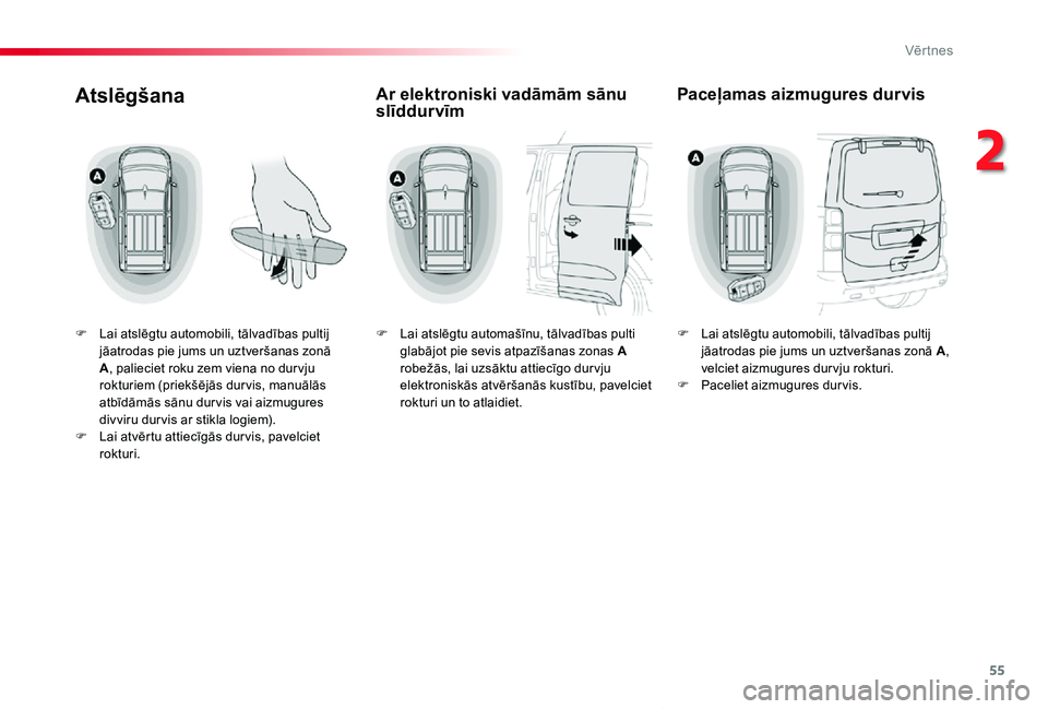 TOYOTA PROACE VERSO 2019  Lietošanas Instrukcija (in Latvian) 55
Proace Verso_lv_Chap02_ouvertures_ed01-2019
Atslēgšana
F Lai atslēgtu automobili, tālvadības pultij jāatrodas pie jums un uztveršanas zonā A, palieciet roku zem viena no dur vju rokturiem (