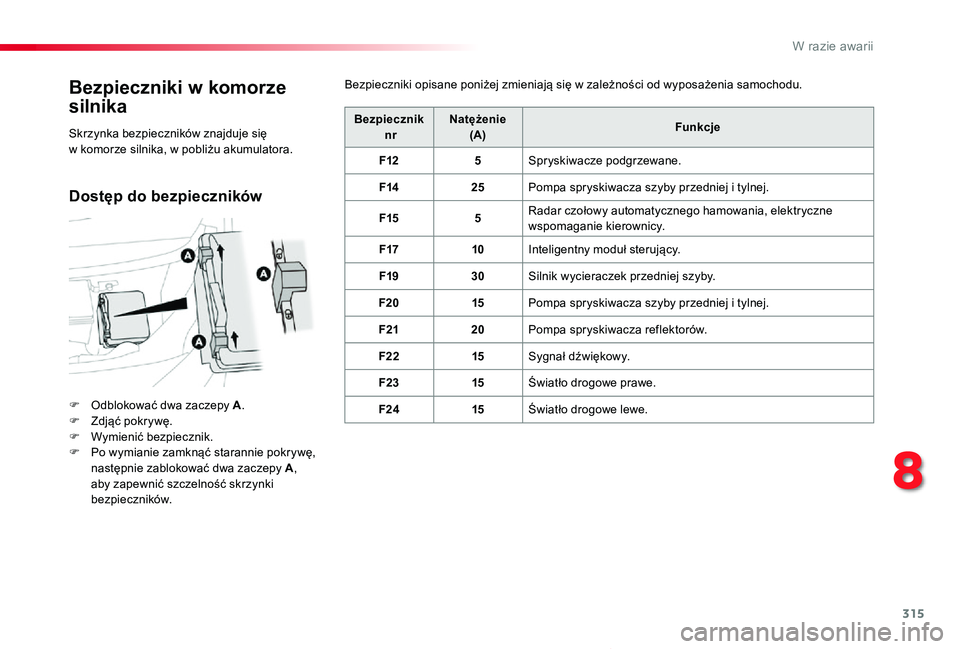 TOYOTA PROACE VERSO 2019  Instrukcja obsługi (in Polish) 315
Proace-Verso_pl_Chap08_En-cas-de-panne_ed01-2019
Bezpieczniki w komorze 
silnika
F Odblokować dwa zaczepy A.F Zdjąć pokrywę.F Wymienić bezpiecznik.F Po wymianie zamknąć starannie pokrywę, 