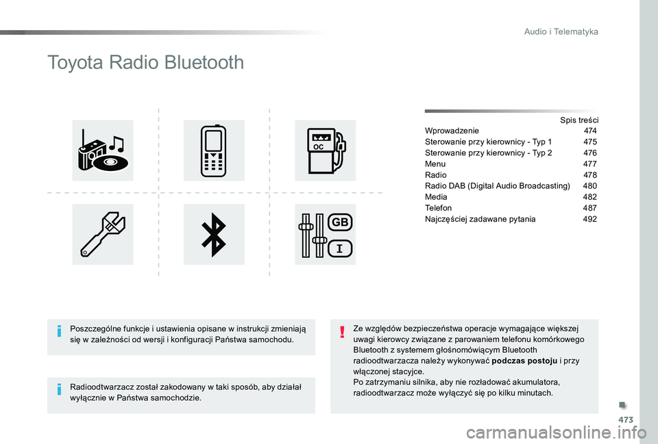 TOYOTA PROACE VERSO 2019  Instrukcja obsługi (in Polish) 473
Proace-Verso_pl_Chap10d_RD6_ed01-2019
Toyota Radio Bluetooth
Spis treściWprowadzenie  474
Sterowanie przy kierownicy - Typ 1  475
Sterowanie przy kierownicy - Typ 2 476
Menu  477
Radio  478
Radio