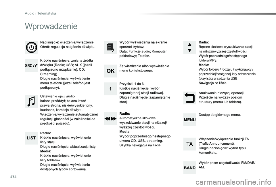 TOYOTA PROACE VERSO 2019 Instrukcja obsługi (in Polish) 474
Proace-Verso_pl_Chap10d_RD6_ed01-2019
Wprowadzenie
Naciśnięcie: włączenie/wyłączenie.Obrót: regulacja natężenia dźwięku.
Krótkie naciśnięcie: zmiana źródła dźwięku (Radio; USB; TOYOTA PROACE VERSO 2019 Instrukcja obsługi (in Polish) 474
Proace-Verso_pl_Chap10d_RD6_ed01-2019
Wprowadzenie
Naciśnięcie: włączenie/wyłączenie.Obrót: regulacja natężenia dźwięku.
Krótkie naciśnięcie: zmiana źródła dźwięku (Radio; USB;