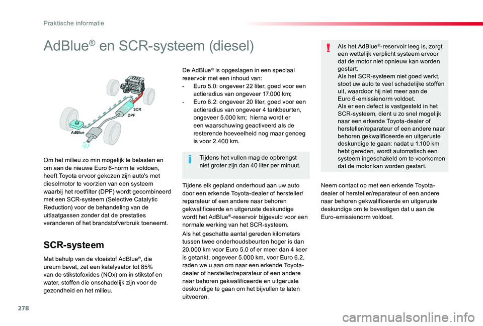 TOYOTA PROACE VERSO 2019 Instructieboekje (in Dutch) 278
AdBlue® en SCR-systeem (diesel)
Om het milieu zo min mogelijk te belasten en om aan de nieuwe Euro 6 -norm te voldoen, heeft Toyota er voor gekozen zijn auto's met dieselmotor te voorzien van TOYOTA PROACE VERSO 2019 Instructieboekje (in Dutch) 278
AdBlue® en SCR-systeem (diesel)
Om het milieu zo min mogelijk te belasten en om aan de nieuwe Euro 6 -norm te voldoen, heeft Toyota er voor gekozen zijn auto's met dieselmotor te voorzien van