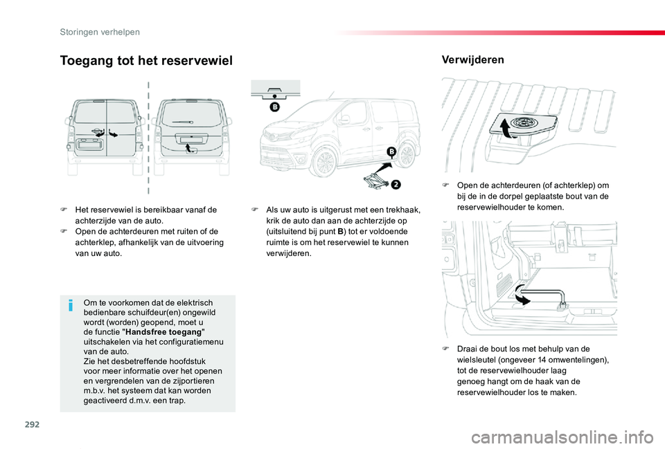 TOYOTA PROACE VERSO 2019  Instructieboekje (in Dutch) 292
ProaceVerso_nl_Chap08_En-cas-de-panne_ed01-2019
F Het reser vewiel is bereikbaar vanaf de achterzijde van de auto.F Open de achterdeuren met ruiten of de achterklep, afhankelijk van de uitvoering 