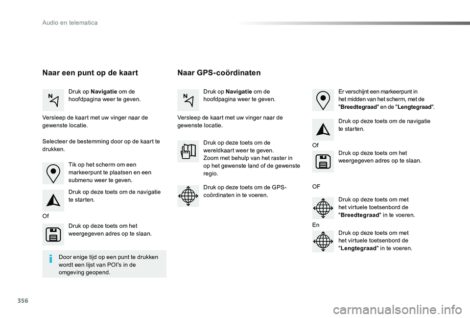 TOYOTA PROACE VERSO 2019 Instructieboekje (in Dutch) 356
ProaceVerso_nl_Chap10b_NAC-1_ed01-2019
Naar GPS-coördinatenNaar een punt op de kaart
Druk op Navigatie om de hoofdpagina weer te geven.Druk op Navigatie om de hoofdpagina weer te geven.
Versleep TOYOTA PROACE VERSO 2019 Instructieboekje (in Dutch) 356
ProaceVerso_nl_Chap10b_NAC-1_ed01-2019
Naar GPS-coördinatenNaar een punt op de kaart
Druk op Navigatie om de hoofdpagina weer te geven.Druk op Navigatie om de hoofdpagina weer te geven.
Versleep