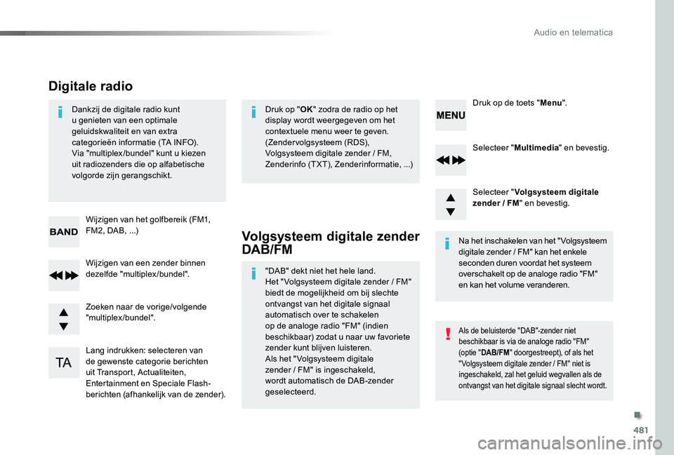 TOYOTA PROACE VERSO 2019  Instructieboekje (in Dutch) 481
ProaceVerso_nl_Chap10d_RD6_ed01-2019
Selecteer "Multimedia" en bevestig.
Selecteer "Volgsysteem digitale zender / FM" en bevestig.
Lang indrukken: selecteren van de gewenste catego