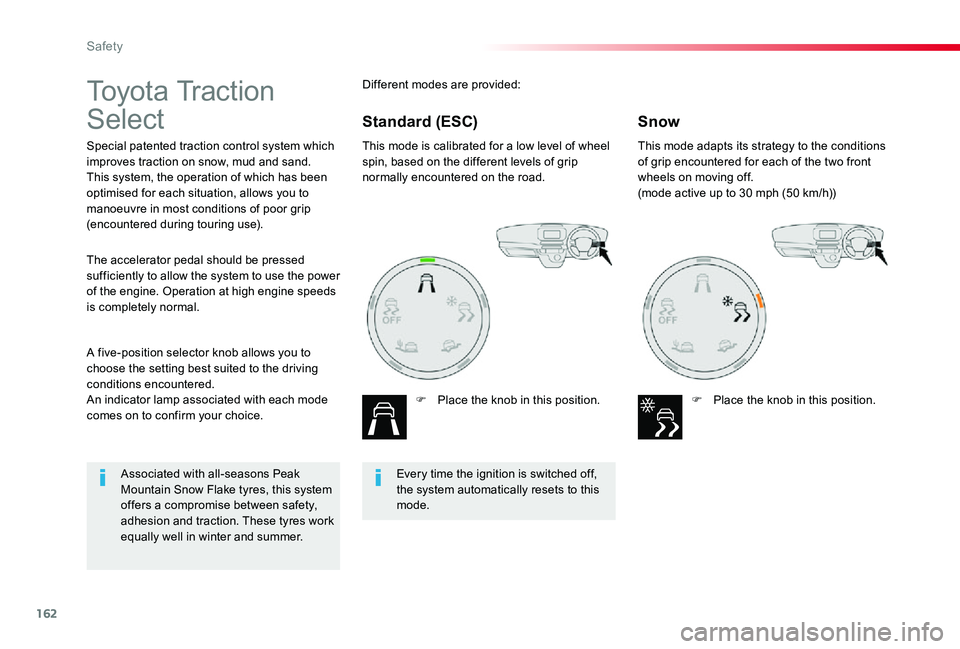 TOYOTA PROACE VERSO 2020  Owners Manual 162
To y o t a  Tr a c t i o n  
Select
Special patented traction control system which improves traction on snow, mud and sand.This system, the operation of which has been optimised for each situation
