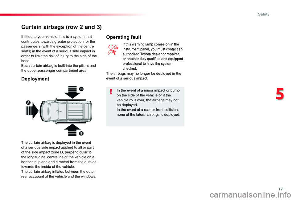 TOYOTA PROACE VERSO 2020  Owners Manual 171
If fitted to your vehicle, this is a system that contributes towards greater protection for the passengers (with the exception of the centre seats) in the event of a serious side impact in order t