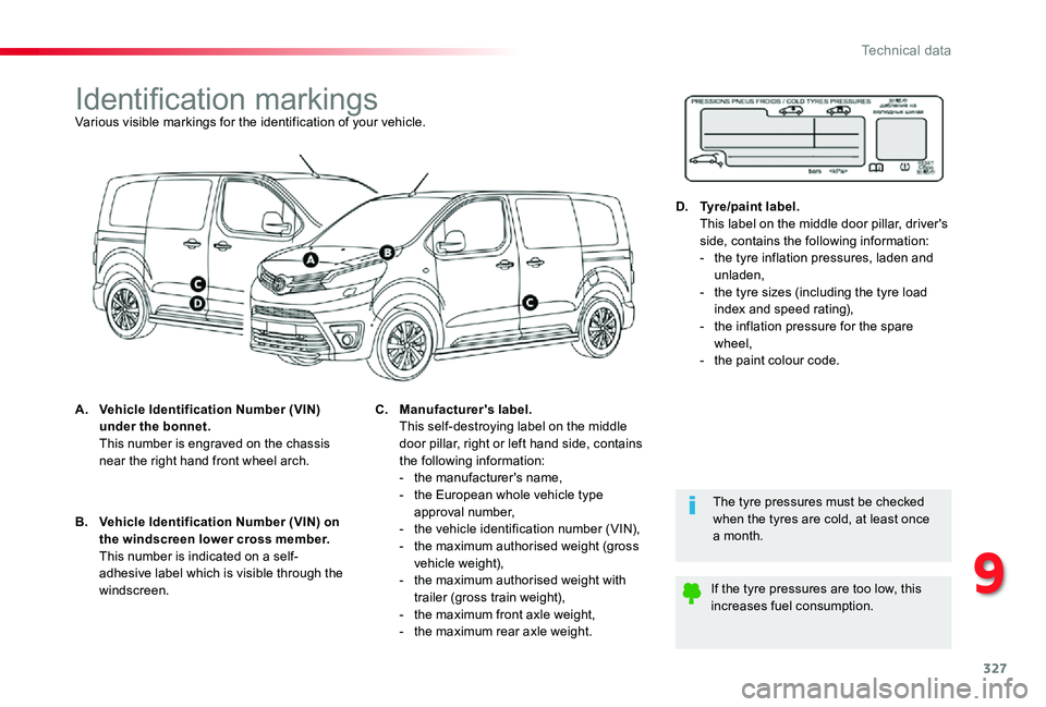 TOYOTA PROACE VERSO 2020  Owners Manual 327
Identification markingsVarious visible markings for the identification of your vehicle.
A. Vehicle Identification Number (VIN) under the bonnet.  This number is engraved on the chassis near the ri