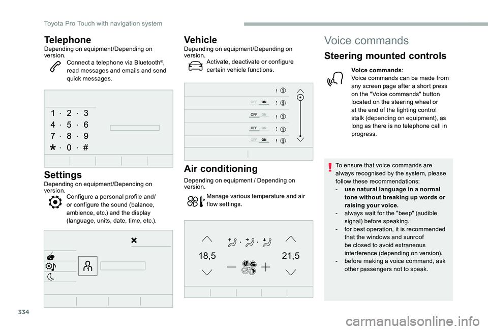 TOYOTA PROACE VERSO 2020  Owners Manual 334
21,518,5
TelephoneDepending on equipment/Depending on version.Connect a telephone via Bluetooth®, read messages and emails and send quick messages.
Settings
Depending on equipment/Depending on ve