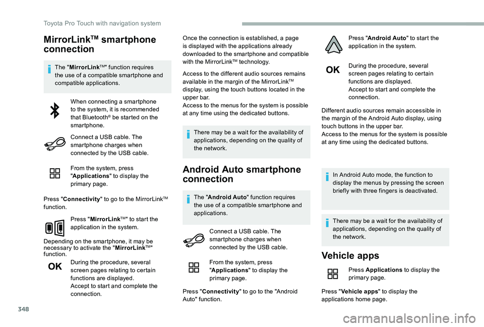 TOYOTA PROACE VERSO 2020  Owners Manual 348
MirrorLinkTM smartphone 
connection
The "MirrorLinkTM" function requires the use of a compatible smartphone and compatible applications.
From the system, press "Applications" to di