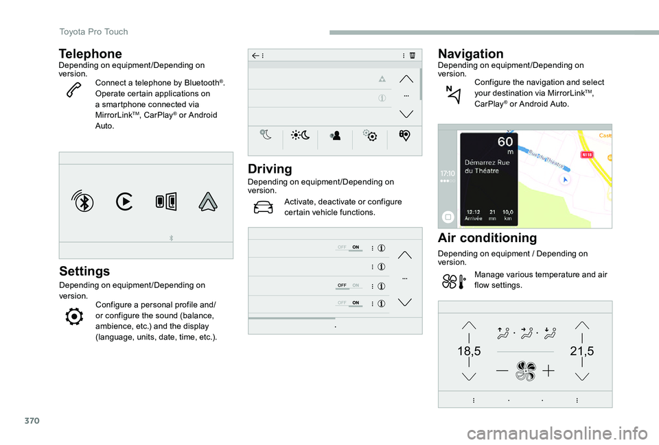 TOYOTA PROACE VERSO 2020  Owners Manual 370
21,518,5
TelephoneDepending on equipment/Depending on version.Connect a telephone by Bluetooth®.Operate certain applications on a smartphone connected via MirrorLinkTM, CarPlay® or Android Auto.