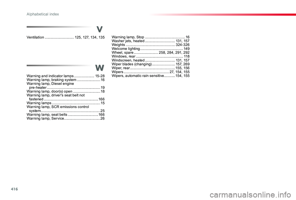 TOYOTA PROACE VERSO 2020  Owners Manual 416
Warning lamp, Stop ........................................16Washer jets, heated ..............................131, 157Weights .................................................324-326Welcome light