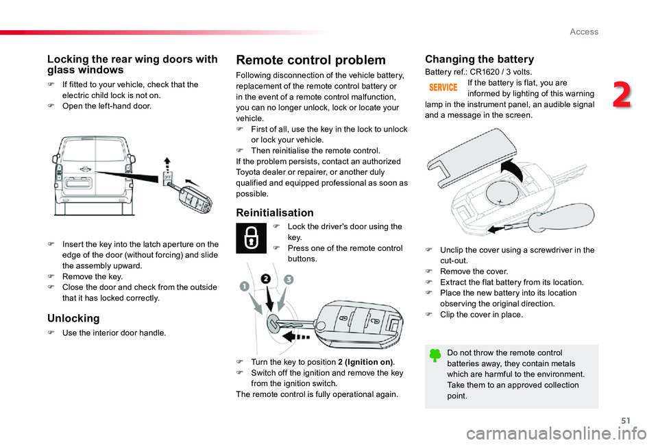 TOYOTA PROACE VERSO 2020 Owners Manual 51
Changing the battery
Do not throw the remote control batteries away, they contain metals which are harmful to the environment.Take them to an approved collection point.
If the battery is flat, you TOYOTA PROACE VERSO 2020 Owners Manual 51
Changing the battery
Do not throw the remote control batteries away, they contain metals which are harmful to the environment.Take them to an approved collection point.
If the battery is flat, you