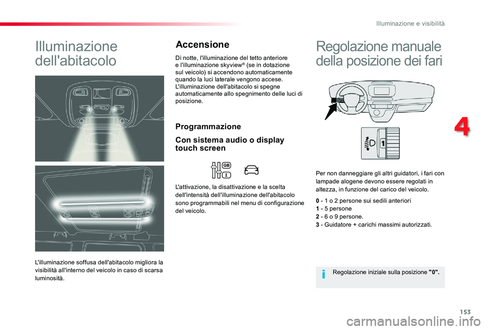 TOYOTA PROACE VERSO 2020 Manuale duso (in Italian) 153
Proace_Verso_IT_Chap04_eclairage-et-visibilite_ed01-2019
Programmazione
Illuminazione
dell'abitacolo
L'illuminazione soffusa dell'abitacolo migliora la visibilità all'interno del TOYOTA PROACE VERSO 2020 Manuale duso (in Italian) 153
Proace_Verso_IT_Chap04_eclairage-et-visibilite_ed01-2019
Programmazione
Illuminazione
dell'abitacolo
L'illuminazione soffusa dell'abitacolo migliora la visibilità all'interno del
