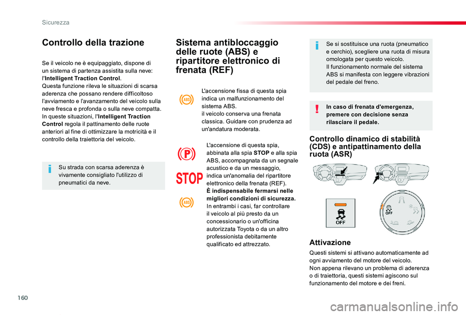 TOYOTA PROACE VERSO 2020 Manuale duso (in Italian) 160
Proace_Verso_IT_Chap05_securite_ed01-2019
Sistema antibloccaggio
delle ruote (ABS) e
ripartitore elettronico di
frenata (REF)
In caso di frenata d'emergenza, premere con decisione senza ril TOYOTA PROACE VERSO 2020 Manuale duso (in Italian) 160
Proace_Verso_IT_Chap05_securite_ed01-2019
Sistema antibloccaggio
delle ruote (ABS) e
ripartitore elettronico di
frenata (REF)
In caso di frenata d'emergenza, premere con decisione senza ril