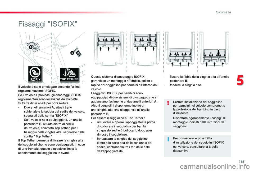 TOYOTA PROACE VERSO 2020 Manuale duso (in Italian) 183
Proace_Verso_IT_Chap05_securite_ed01-2019
Fissaggi "ISOFIX"
L'errata installazione del seggiolino per bambini nel veicolo compromette la protezione del bambino in caso d'incidente. TOYOTA PROACE VERSO 2020 Manuale duso (in Italian) 183
Proace_Verso_IT_Chap05_securite_ed01-2019
Fissaggi "ISOFIX"
L'errata installazione del seggiolino per bambini nel veicolo compromette la protezione del bambino in caso d'incidente.