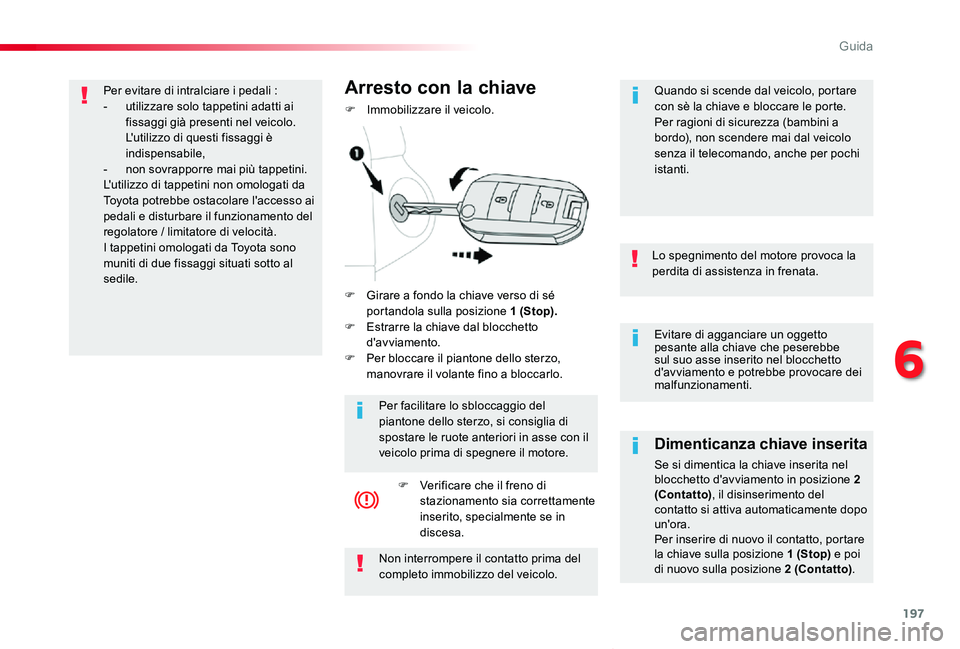 TOYOTA PROACE VERSO 2020 Manuale duso (in Italian) 197
Proace_Verso_IT_Chap06_conduite_ed01-2019
Evitare di agganciare un oggetto pesante alla chiave che peserebbe sul suo asse inserito nel blocchetto d'avviamento e potrebbe provocare dei malfunzi TOYOTA PROACE VERSO 2020 Manuale duso (in Italian) 197
Proace_Verso_IT_Chap06_conduite_ed01-2019
Evitare di agganciare un oggetto pesante alla chiave che peserebbe sul suo asse inserito nel blocchetto d'avviamento e potrebbe provocare dei malfunzi