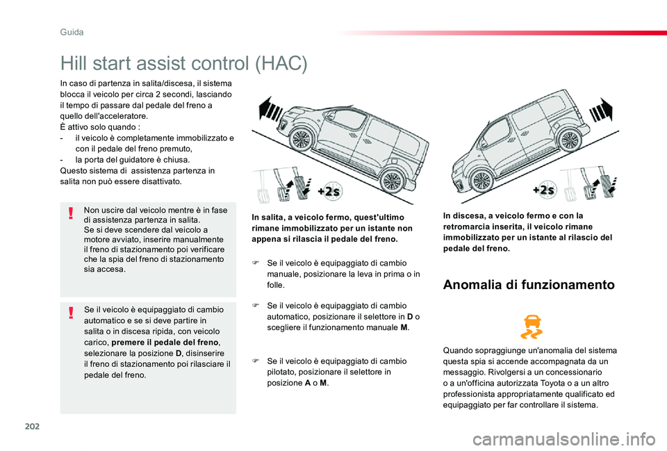 TOYOTA PROACE VERSO 2020 Manuale duso (in Italian) 202
Proace_Verso_IT_Chap06_conduite_ed01-2019
Hill start assist control (HAC)
In caso di partenza in salita/discesa, il sistema blocca il veicolo per circa 2 secondi, lasciando il tempo di passare dal TOYOTA PROACE VERSO 2020 Manuale duso (in Italian) 202
Proace_Verso_IT_Chap06_conduite_ed01-2019
Hill start assist control (HAC)
In caso di partenza in salita/discesa, il sistema blocca il veicolo per circa 2 secondi, lasciando il tempo di passare dal
