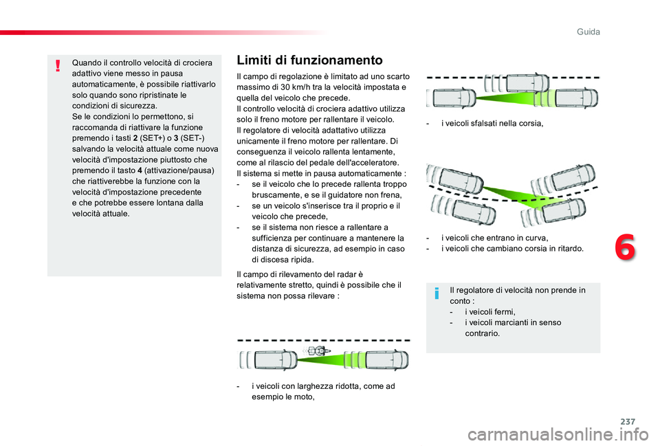 TOYOTA PROACE VERSO 2020 Manuale duso (in Italian) 237
Proace_Verso_IT_Chap06_conduite_ed01-2019
Quando il controllo velocità di crociera adattivo viene messo in pausa automaticamente, è possibile riattivarlo solo quando sono ripristinate le condizi TOYOTA PROACE VERSO 2020 Manuale duso (in Italian) 237
Proace_Verso_IT_Chap06_conduite_ed01-2019
Quando il controllo velocità di crociera adattivo viene messo in pausa automaticamente, è possibile riattivarlo solo quando sono ripristinate le condizi