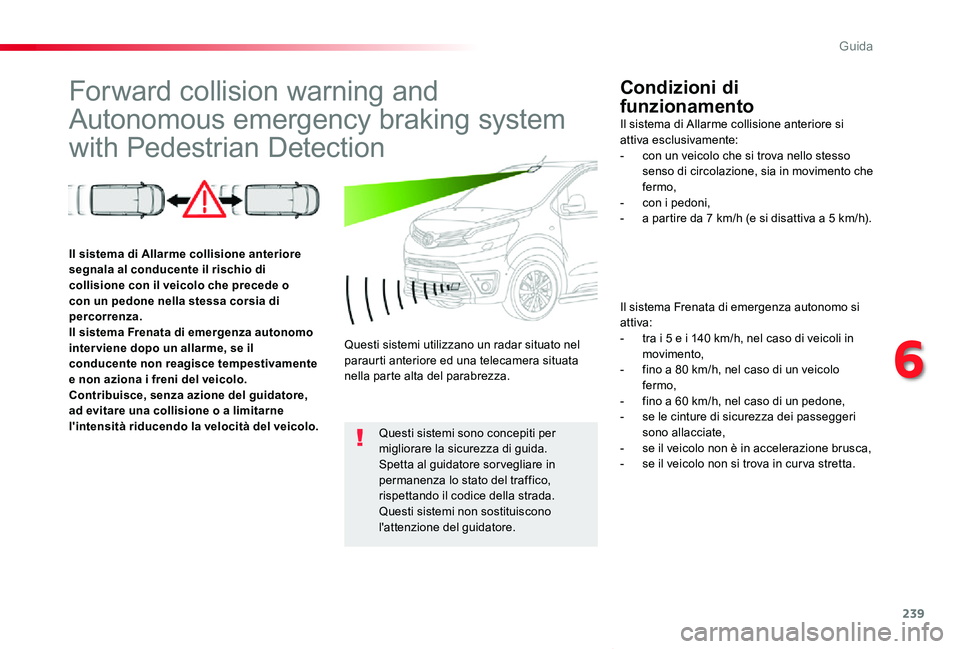 TOYOTA PROACE VERSO 2020 Manuale duso (in Italian) 239
Proace_Verso_IT_Chap06_conduite_ed01-2019
Forward collision warning and
Autonomous emergency braking system
with Pedestrian Detection
Condizioni di
funzionamento
Il sistema Frenata di emergenza TOYOTA PROACE VERSO 2020 Manuale duso (in Italian) 239
Proace_Verso_IT_Chap06_conduite_ed01-2019
Forward collision warning and
Autonomous emergency braking system
with Pedestrian Detection
Condizioni di
funzionamento
Il sistema Frenata di emergenza