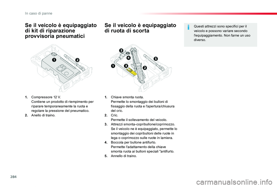TOYOTA PROACE VERSO 2020  Manuale duso (in Italian) 284
Proace_Verso_IT_Chap08_En-cas-de-panne_ed01-2019
Se il veicolo è equipaggiato 
di kit di riparazione 
provvisoria pneumatici
1. Compressore 12  V. Contiene un prodotto di riempimento per riparare