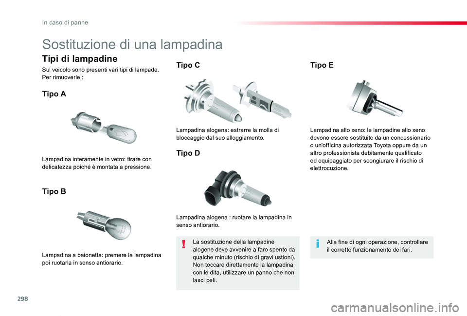 TOYOTA PROACE VERSO 2020 Manuale duso (in Italian) 298
Proace_Verso_IT_Chap08_En-cas-de-panne_ed01-2019
Sostituzione di una lampadina
Lampadina alogena : ruotare la lampadina in senso antiorario.
Tipo A
Lampadina a baionetta: premere la lampadina poi TOYOTA PROACE VERSO 2020 Manuale duso (in Italian) 298
Proace_Verso_IT_Chap08_En-cas-de-panne_ed01-2019
Sostituzione di una lampadina
Lampadina alogena : ruotare la lampadina in senso antiorario.
Tipo A
Lampadina a baionetta: premere la lampadina poi