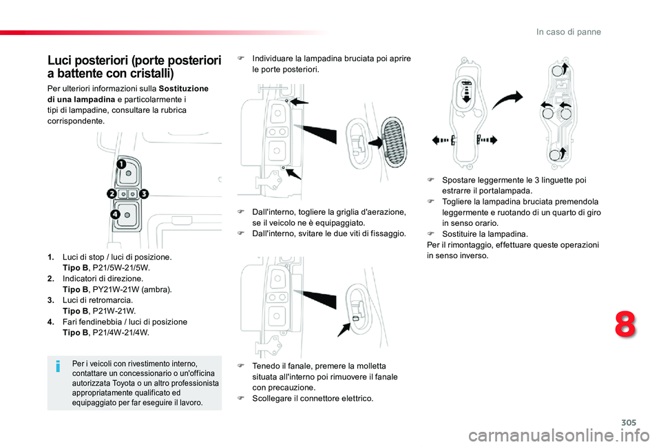 TOYOTA PROACE VERSO 2020 Manuale duso (in Italian) 305
Proace_Verso_IT_Chap08_En-cas-de-panne_ed01-2019
Luci posteriori (porte posteriori
a battente con cristalli)
Per ulteriori informazioni sulla Sostituzione di una lampadina e particolarmente i tip TOYOTA PROACE VERSO 2020 Manuale duso (in Italian) 305
Proace_Verso_IT_Chap08_En-cas-de-panne_ed01-2019
Luci posteriori (porte posteriori
a battente con cristalli)
Per ulteriori informazioni sulla Sostituzione di una lampadina e particolarmente i tip