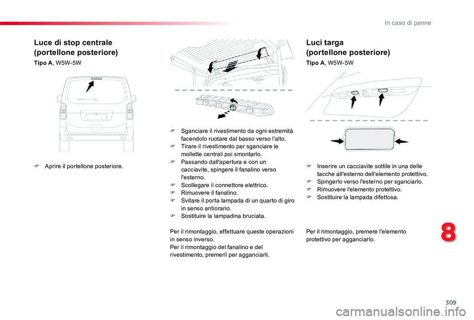 TOYOTA PROACE VERSO 2020 Manuale duso (in Italian) 309
Proace_Verso_IT_Chap08_En-cas-de-panne_ed01-2019
Per il rimontaggio, premere l'elemento protettivo per agganciarlo.
F Sganciare il rivestimento da ogni estremità facendolo ruotare dal basso v TOYOTA PROACE VERSO 2020 Manuale duso (in Italian) 309
Proace_Verso_IT_Chap08_En-cas-de-panne_ed01-2019
Per il rimontaggio, premere l'elemento protettivo per agganciarlo.
F Sganciare il rivestimento da ogni estremità facendolo ruotare dal basso v