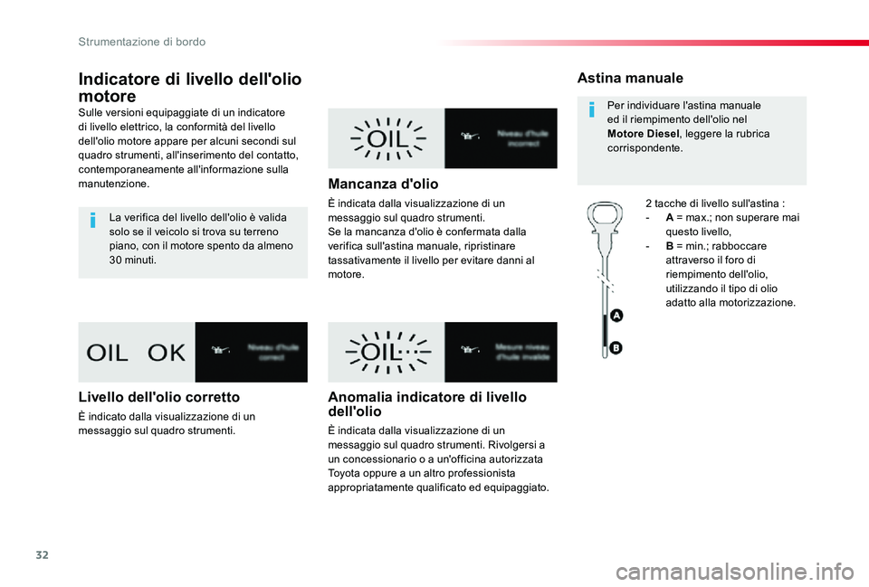 TOYOTA PROACE VERSO 2020 Manuale duso (in Italian) 32
Proace_Verso_IT_Chap01_instruments-de-bord_ed01-2019
Indicatore di livello dell'olio
motore
Sulle versioni equipaggiate di un indicatore di livello elettrico, la conformità del livello dell TOYOTA PROACE VERSO 2020 Manuale duso (in Italian) 32
Proace_Verso_IT_Chap01_instruments-de-bord_ed01-2019
Indicatore di livello dell'olio
motore
Sulle versioni equipaggiate di un indicatore di livello elettrico, la conformità del livello dell