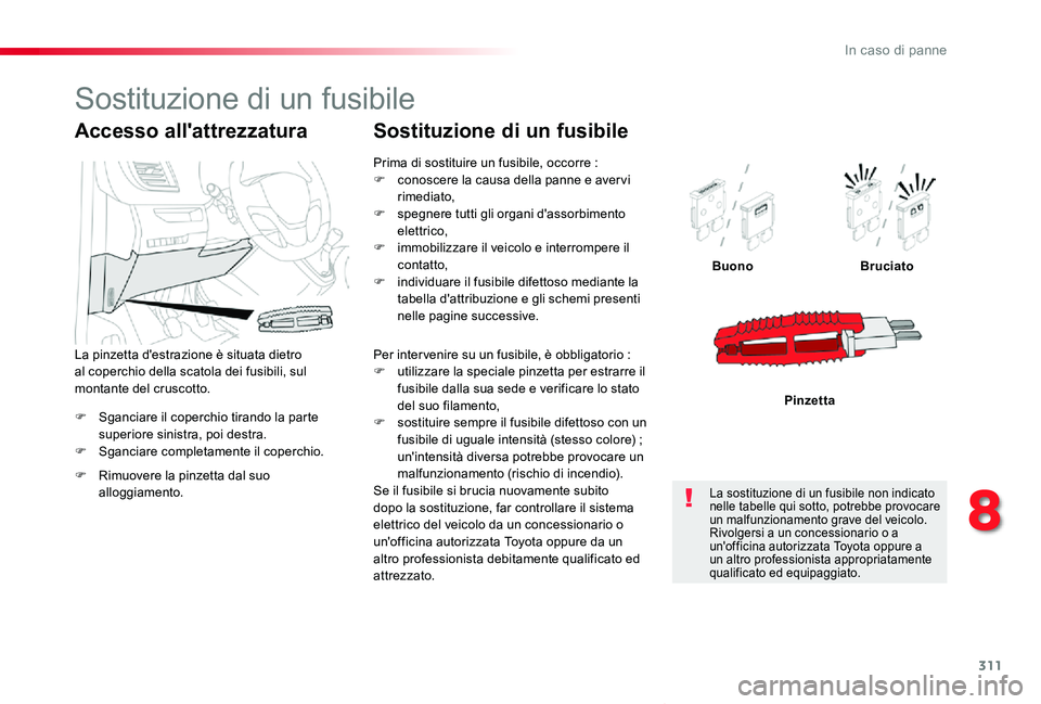 TOYOTA PROACE VERSO 2020 Manuale duso (in Italian) 311
Proace_Verso_IT_Chap08_En-cas-de-panne_ed01-2019
F Sganciare il coperchio tirando la parte superiore sinistra, poi destra.F Sganciare completamente il coperchio.
BuonoBruciato
Pinzetta
Accesso all TOYOTA PROACE VERSO 2020 Manuale duso (in Italian) 311
Proace_Verso_IT_Chap08_En-cas-de-panne_ed01-2019
F Sganciare il coperchio tirando la parte superiore sinistra, poi destra.F Sganciare completamente il coperchio.
BuonoBruciato
Pinzetta
Accesso all