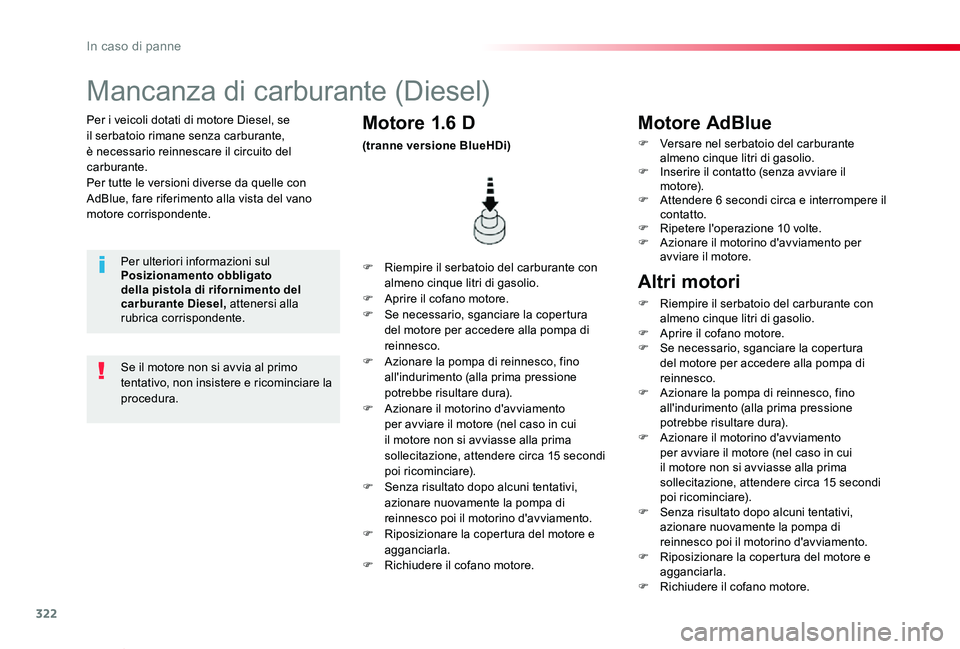 TOYOTA PROACE VERSO 2020 Manuale duso (in Italian) 322
Proace_Verso_IT_Chap08_En-cas-de-panne_ed01-2019
Per i veicoli dotati di motore Diesel, se il serbatoio rimane senza carburante, è necessario reinnescare il circuito del carburante.Per tutte le v TOYOTA PROACE VERSO 2020 Manuale duso (in Italian) 322
Proace_Verso_IT_Chap08_En-cas-de-panne_ed01-2019
Per i veicoli dotati di motore Diesel, se il serbatoio rimane senza carburante, è necessario reinnescare il circuito del carburante.Per tutte le v