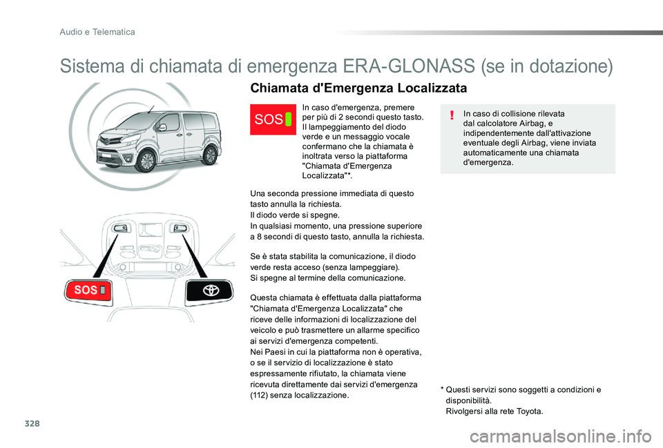 TOYOTA PROACE VERSO 2020 Manuale duso (in Italian) 328
Proace_Verso_IT_Chap10a_BTA_ed01-2019
Sistema di chiamata di emergenza ERA-GLONASS (se in dotazione)
In caso di collisione rilevata dal calcolatore Airbag, e indipendentemente dall'attivazione TOYOTA PROACE VERSO 2020 Manuale duso (in Italian) 328
Proace_Verso_IT_Chap10a_BTA_ed01-2019
Sistema di chiamata di emergenza ERA-GLONASS (se in dotazione)
In caso di collisione rilevata dal calcolatore Airbag, e indipendentemente dall'attivazione
