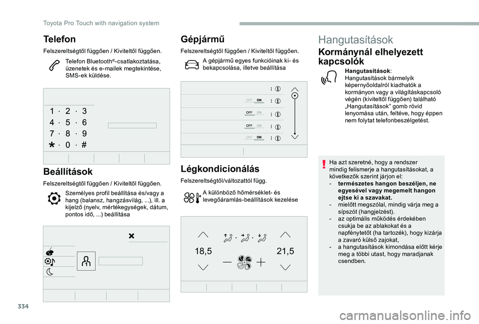 TOYOTA PROACE VERSO 2020 Manuale duso (in Italian) 334
21,518,5
Telefon
Felszereltségtől függően / Kiviteltől függően.
Telefon Bluetooth®-csatlakoztatása, üzenetek és e-mailek megtekintése, SMS-ek küldése.
Beállítások
Felszereltségt TOYOTA PROACE VERSO 2020 Manuale duso (in Italian) 334
21,518,5
Telefon
Felszereltségtől függően / Kiviteltől függően.
Telefon Bluetooth®-csatlakoztatása, üzenetek és e-mailek megtekintése, SMS-ek küldése.
Beállítások
Felszereltségt