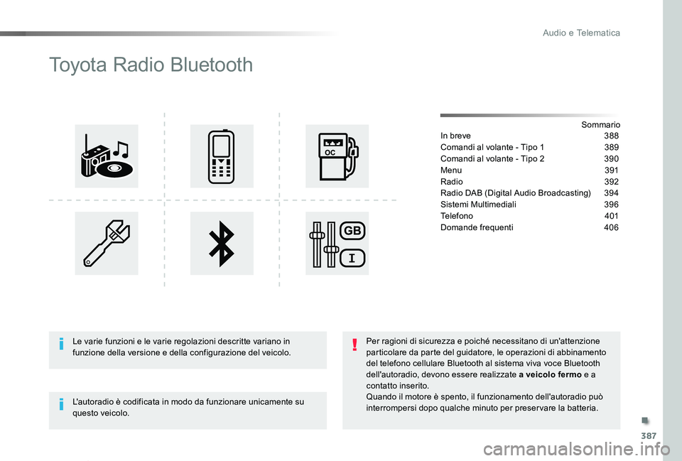 TOYOTA PROACE VERSO 2020  Manuale duso (in Italian) 387
Proace_Verso_IT_Chap10d_RD6_ed01-2019
Toyota Radio Bluetooth
SommarioIn breve 388
Comandi al volante - Tipo 1  389
Comandi al volante - Tipo 2 390
Menu 391
Radio 392
Radio DAB (Digital Audio Broad