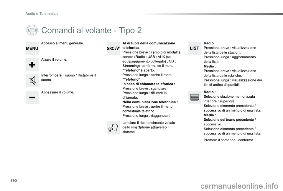 TOYOTA PROACE VERSO 2020 Manuale duso (in Italian) 390
Proace_Verso_IT_Chap10d_RD6_ed01-2019
Comandi al volante - Tipo 2
Abbassare il volume.
Interrompere il suono / Ristabilire il suono.
Al di fuori della comunicazione telefonica.Pressione breve : ca TOYOTA PROACE VERSO 2020 Manuale duso (in Italian) 390
Proace_Verso_IT_Chap10d_RD6_ed01-2019
Comandi al volante - Tipo 2
Abbassare il volume.
Interrompere il suono / Ristabilire il suono.
Al di fuori della comunicazione telefonica.Pressione breve : ca