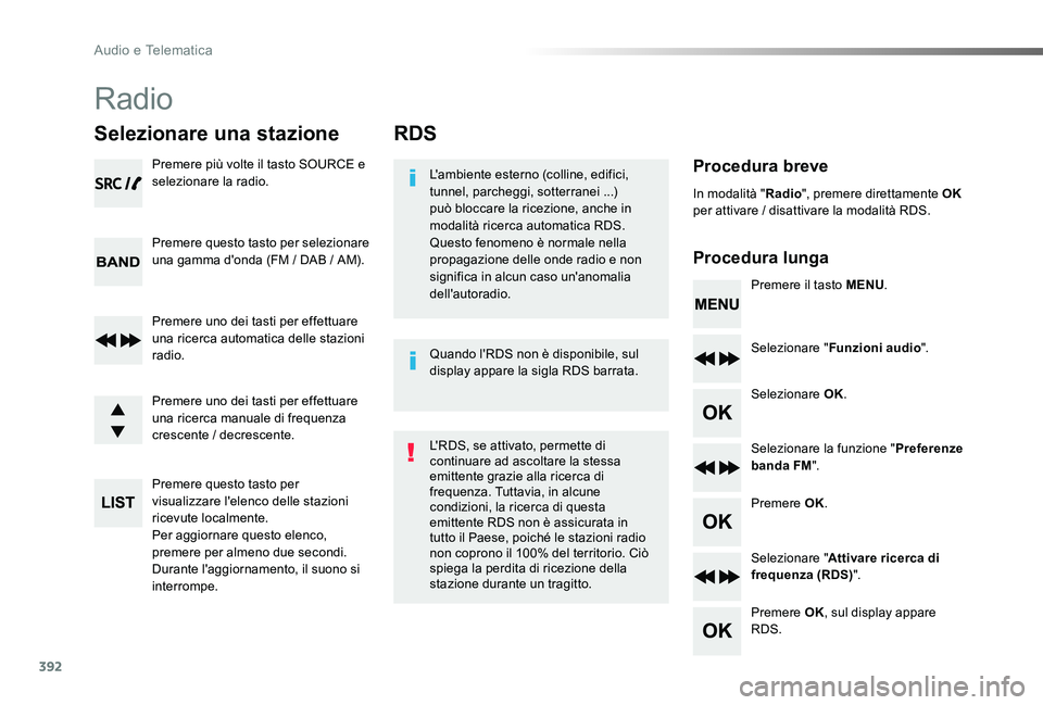 TOYOTA PROACE VERSO 2020 Manuale duso (in Italian) 392
Proace_Verso_IT_Chap10d_RD6_ed01-2019
RDS
Procedura breve
Procedura lunga
L'ambiente esterno (colline, edifici, tunnel, parcheggi, sotterranei ...) può bloccare la ricezione, anche in modalit TOYOTA PROACE VERSO 2020 Manuale duso (in Italian) 392
Proace_Verso_IT_Chap10d_RD6_ed01-2019
RDS
Procedura breve
Procedura lunga
L'ambiente esterno (colline, edifici, tunnel, parcheggi, sotterranei ...) può bloccare la ricezione, anche in modalit