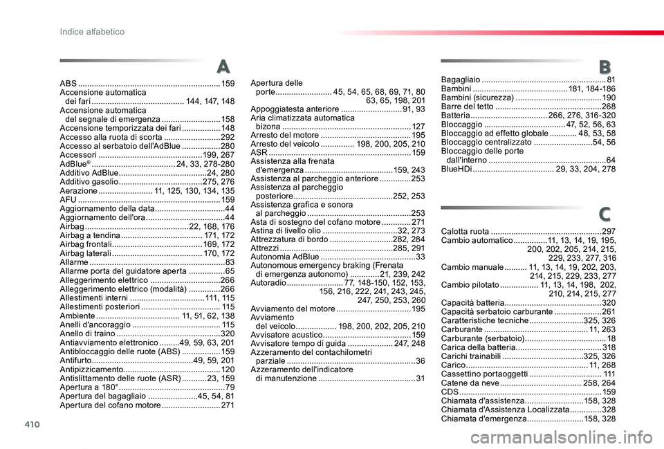 TOYOTA PROACE VERSO 2020 Manuale duso (in Italian) 410
Proace_Verso_IT_Chap11_index-alpha_ed01-2019
A
ABS ...............................................................159Accensione automatica dei fari .........................................14 4, TOYOTA PROACE VERSO 2020 Manuale duso (in Italian) 410
Proace_Verso_IT_Chap11_index-alpha_ed01-2019
A
ABS ...............................................................159Accensione automatica dei fari .........................................14 4,
